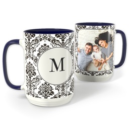 Blue Photo Mug, 15oz with Monogram Brocade design