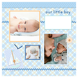 Scrapbook Pages: A baby boy themed scrapbook page layout with a plaid background and photo placeholders.