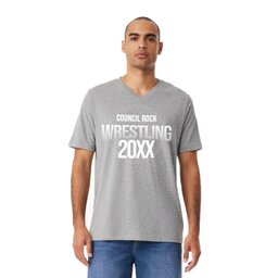 Unisex V-Neck Jersey Tee - Athletic Heather, Size S with Wrestling Text design