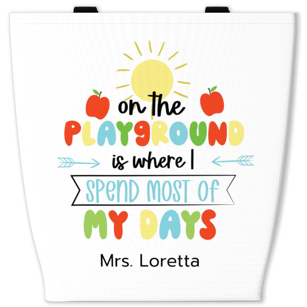 Canvas tote bag featuring a teacher-themed design and customizable text area.