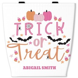 Premium Tote Bags: A personalized Halloween tote bag with a Trick or Treat design and a custom name.