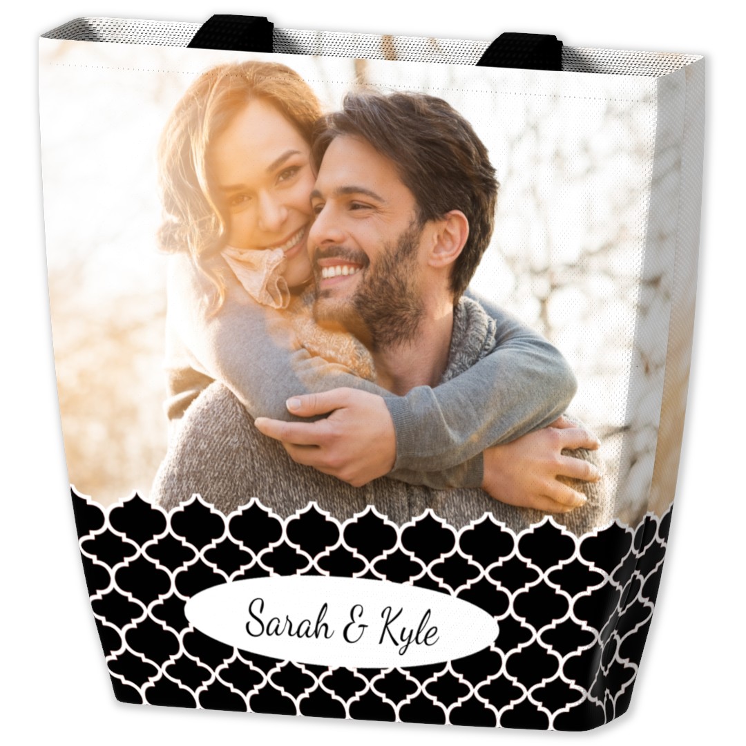 Custom tote bag with photo upload, perfect for carrying books on campus.