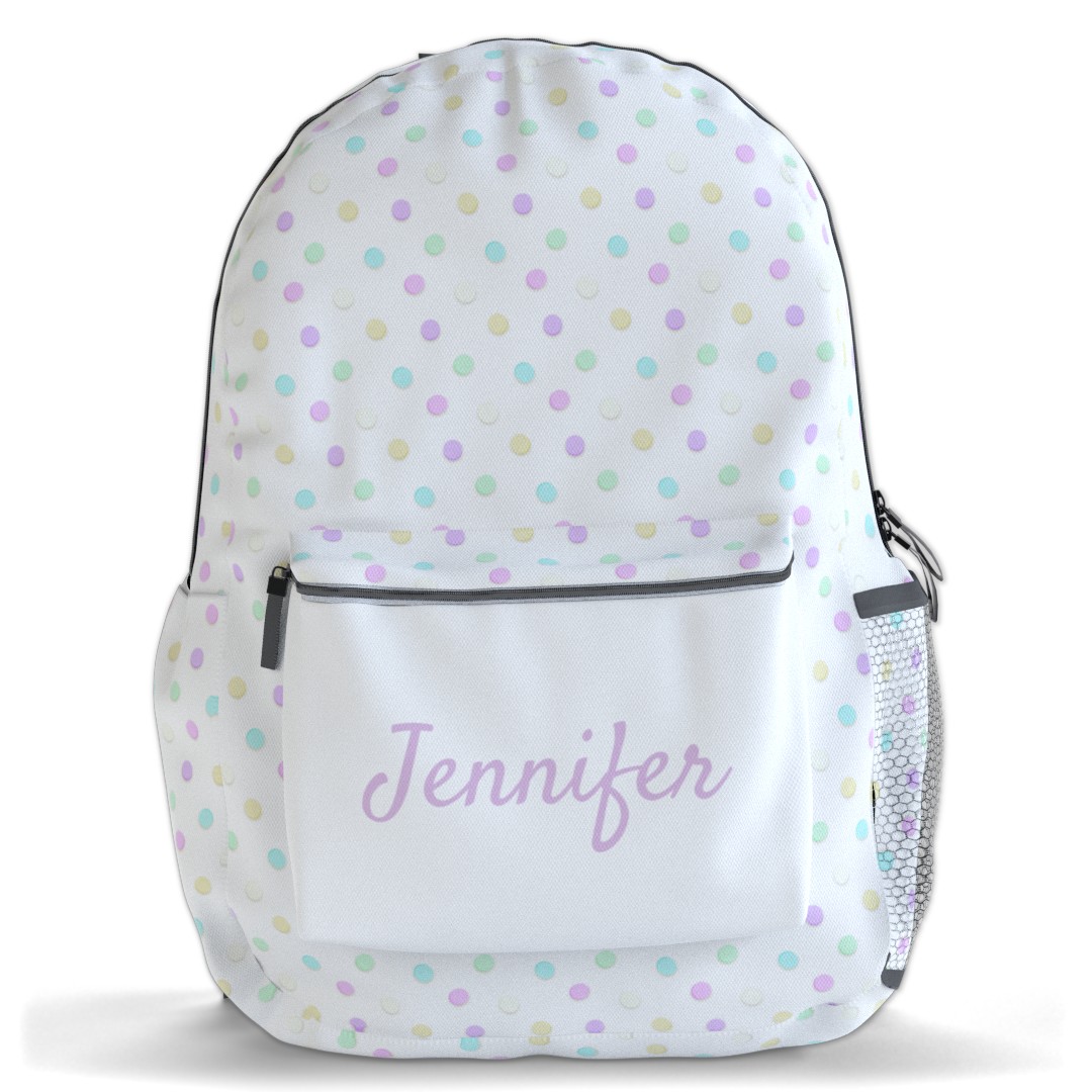 Custom backpack with adjustable straps and a personalized name area for back to school gifts.