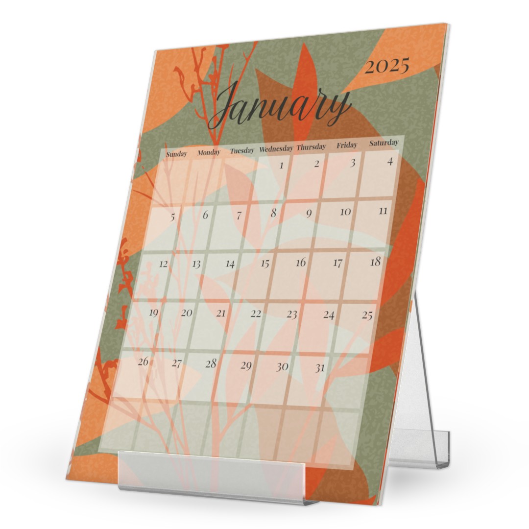 Desktop Card Calendar: A single card calendar for January 2025 with a modern abstract design, displayed in a clear acrylic stand.