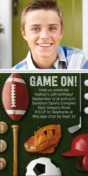 4x8 Greeting Card, Glossy, Blank Envelope with Game On! Sports Fan Party design