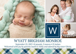 5x7 Greeting Card, Glossy, Blank Envelope with Plaid Monogram design