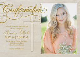 5x7 Greeting Card, Glossy, Blank Envelope with Woodgrain Confirmation Cross design