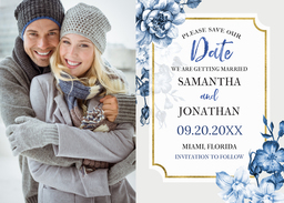 5x7 Greeting Card, Matte, Blank Envelope with Blossoms in Blue Save the Date design