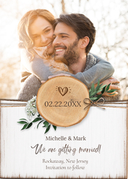 5x7 Greeting Card, Matte, Blank Envelope with Floral Wood Slice Save the Date design