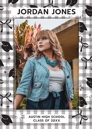 5x7 Greeting Card, Glossy, Blank Envelope with Packed Party Black and White Plaid with Grad Icons design