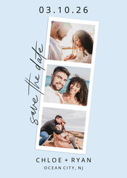 5x7 Greeting Card, Matte, Blank Envelope with Blue Skies Photo Strip Save the Date design