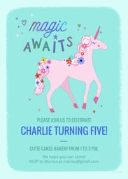 5x7 Greeting Card, Glossy, Blank Envelope with Unicorn Birthday design