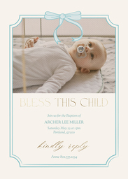 5x7 Greeting Card, Glossy, Blank Envelope with Buttons and Bows Blue Baptism design