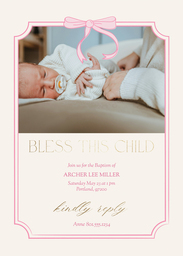 5x7 Greeting Card, Glossy, Blank Envelope with Buttons and Bows Pink Baptism design