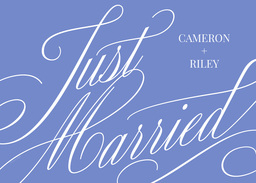 5x7 Greeting Card, Glossy, Blank Envelope with Elegant Blue Calligraphy Just Married design