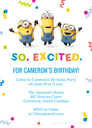 5x7 Greeting Card, Glossy, Blank Envelope with So Excited Minions Party design