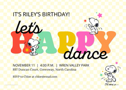 5x7 Greeting Card, Glossy, Blank Envelope with Snoopy Happy Dance Party design