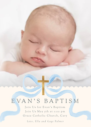 5x7 Greeting Card, Glossy, Blank Envelope with Bow Baptism Invitation Blue design