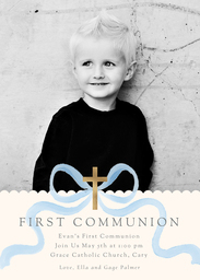 5x7 Greeting Card, Glossy, Blank Envelope with Bow First Communion Invitation Blue design