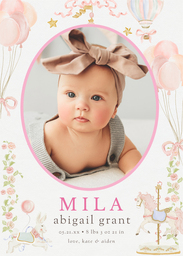 5x7 Greeting Card, Glossy, Blank Envelope with Carousel Baby Announcement design