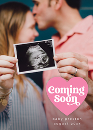 5x7 Greeting Card, Glossy, Blank Envelope with Coming Soon Heart design