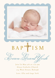 5x7 Greeting Card, Glossy, Blank Envelope with Formal Script Baptism Invitation Blue design
