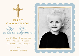 5x7 Greeting Card, Glossy, Blank Envelope with Formal Script First Communion Invitation Blue design