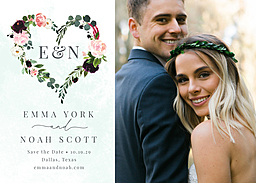 5x7 Greeting Card, Glossy, Blank Envelope with Floral Heart Initials Save the Date design