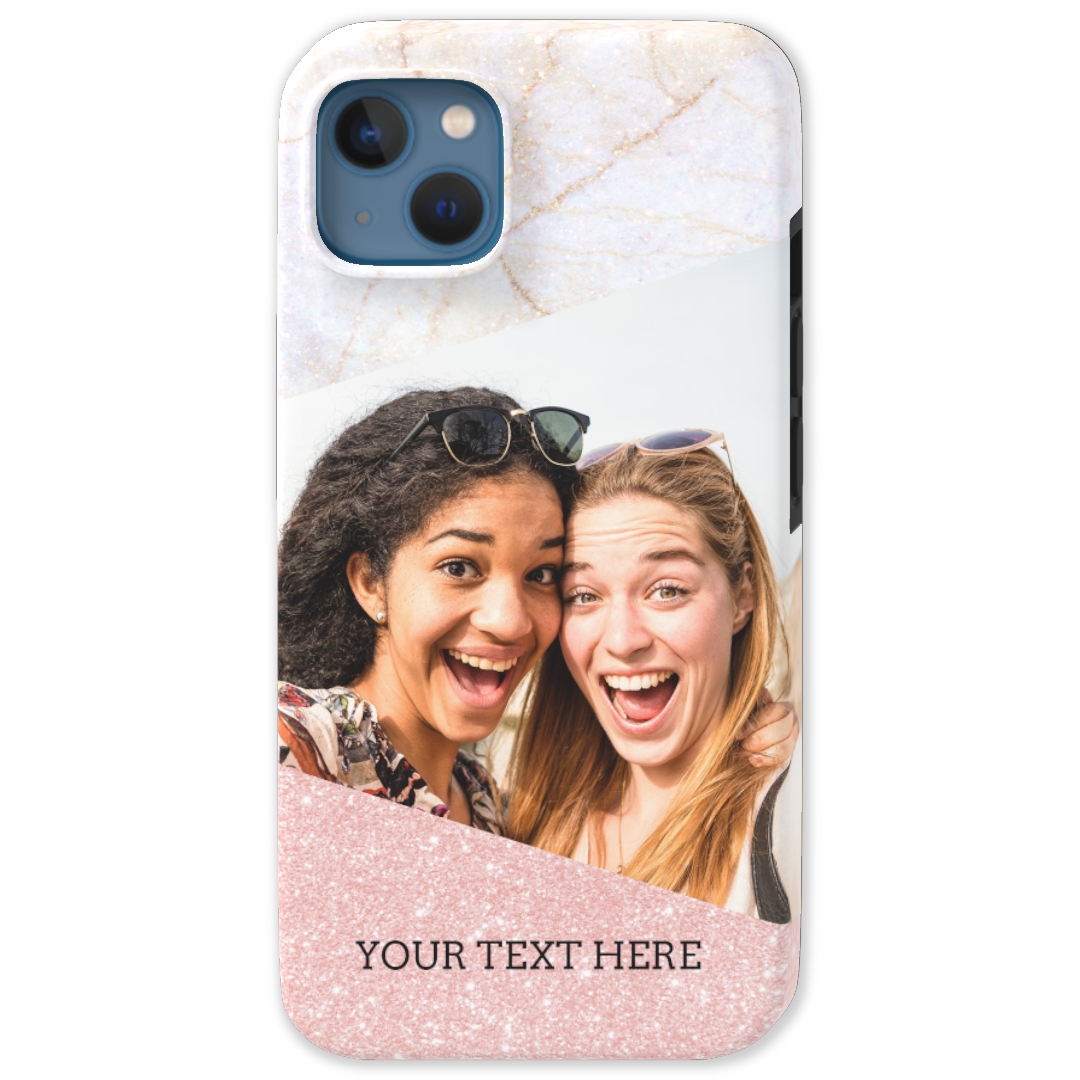 Protective picture phone case featuring a chic marble pattern and pink glitter accents surrounding a custom photo slot.