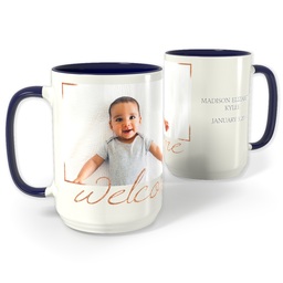 Blue Photo Mug, 15oz with Rose Gold Welcome design