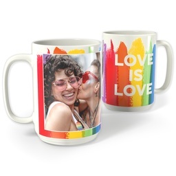 Pride 11oz Mugs Gifts: A Pride-themed mug with a photo of a couple and a rainbow Love is Love design.