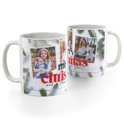 Ceramic Mugs: A white mug personalized with a wrap-around photo of two children eating watermelon.