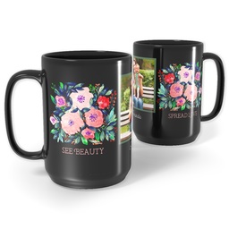 Black Ceramic Mug, 15oz with Beautiful Flowers design