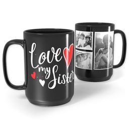 Black Ceramic Mug, 15oz with Hearts Sister design