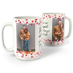 White Photo Mug, 15oz with Miles Apart Hearts design