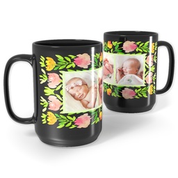Black Ceramic Mug, 15oz with Watercolor Floral Frame design
