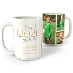 White Photo Mug, 15oz with Classy Grad Laurels 2026 design