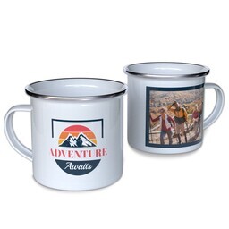 Personalized Enamel Campfire Mugs with Adventure Awaits design