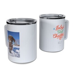 Personalized Coffee Travel Mugs with Baby's First Christmas design
