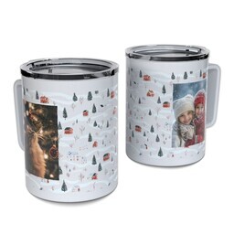 Personalized Coffee Travel Mugs with Christmas Village design