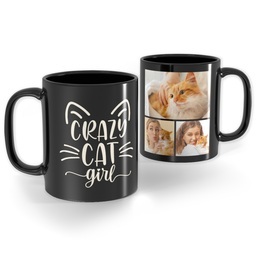 Black Ceramic Photo Mug, 11oz with Crazy Cat Girl  design