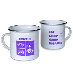 Personalized Enamel Campfire Mugs with Eat Sleep Game Respawn design