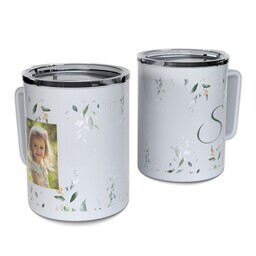 Personalized Coffee Travel Mugs with Eucalyptus Monogram design