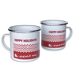 Personalized Enamel Campfire Mugs with Happy Holidays design
