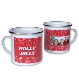 Personalized Enamel Campfire Mugs with Holly Jolly design
