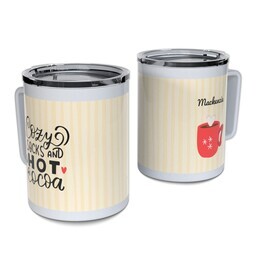 Personalized Coffee Travel Mugs with Hot Cocoa and Cozy Socks design