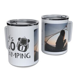 Personalized Coffee Travel Mugs with Let's Go Camping design