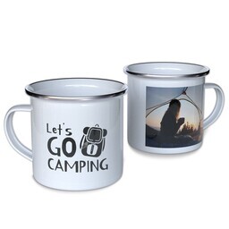 Personalized Enamel Campfire Mugs with Let's Go Camping design