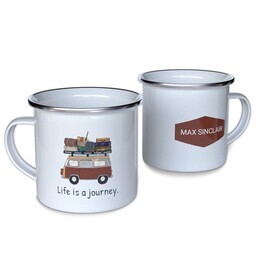 Personalized Enamel Campfire Mugs with Life Journey design