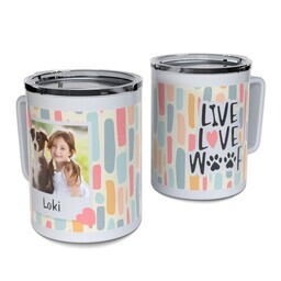 Personalized Coffee Travel Mugs with Live Love Woof design